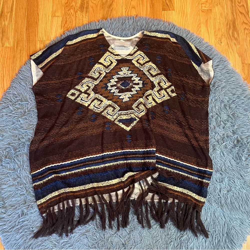 Double D Ranch Brown Cream and Blue Fringe Poncho Sweater